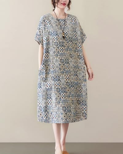 Image of LUZU JUNU Women's Summer Baggy Plus Size Loose Cotton Linen Long Boho Beach Dress with Pockets