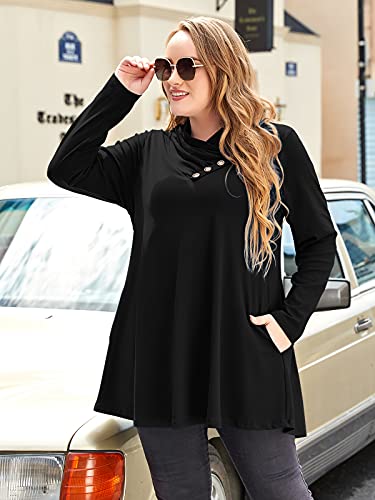 Larace Cowl Neck Sweatshirts For Women Plus Size Tops With Pockets Long Sleeve Tunic Casual Pullover Button Down Shirt, Black 3X #TOP1