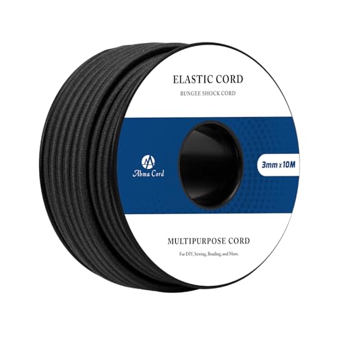 Abma Cord Gummischnur 3mm x 10m Gummikordel Gummiband Elastische Kordel Rund Gummiseil für Rucksack Party-Hüte Schmuck Basteln Camping Zelt - Schwarz