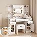 Vabches Vanity Desk with Mirror and Lights, 5 Drawers Makeup Vanity Table with Storage Chair, 44.9in Big Vanity Dresser 3 LED Lighting Modes,Power Outlet,Bedroom White