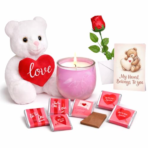 Chocolate gift box With Teddy Bear Valentines Day Gift set Milk Chocolates Rose Scented Candle and Greeting Card Valentines Day Hamper Anniversary Mother’s Day