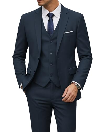 Image of YND Men's 3 Piece Suit with Tie, Solid Color Slim Fit Jacket Vest and Pants