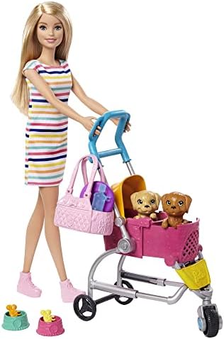 Barbie Stroll n Play Pups Playset with Blonde Barbie Doll (11.5-inch), 2 Puppies, Pet Stroller and Accessories, Gift for 3 to 7 Year Olds