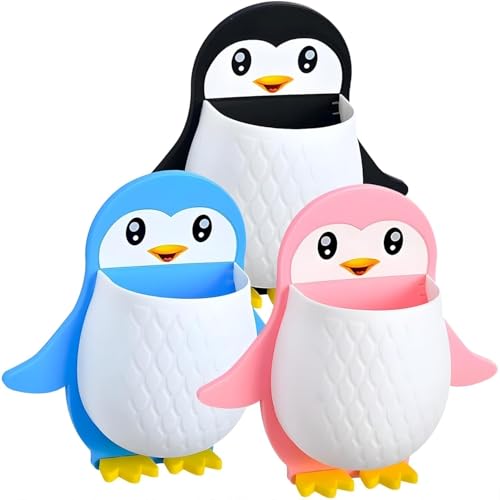 RZone STORE Penguin Shaped Wall Mounted Holder, Self Adhesive Storage Organizer for Bathroom, Toothbrush and Brush Stand,Multipurpose Plastic Bathroom Accessory (Pack of 1)