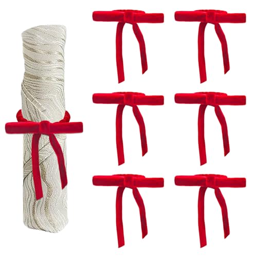 KASESSS 6 Piezas Servilleteros Navideños, Servilleterocon Lazos De Terciopelo Rojo, Elegantes Decoracion Mesa Comedor Anillos Servilletas para Navidad, Bodas, Cenas, Comidas Refinadas Diarias