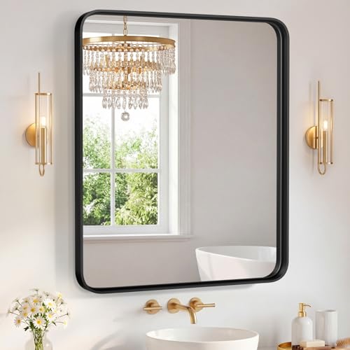 Image of Sweetcrispy Bathroom Mirror 48x36 Inch Metal Framed Rounded Rectangle Vanity Mirror for Wall, Over Sink, Farmhouse, Restroom, Anti-Rust, Modern Decorative, Horizontal or Vertical Hanging, Black