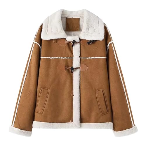 XUNRYAN Womens Suede Faux Shearling Moto Bomber Jacket Sherpa-Lined Coat Winter Aviator Faux-Leather Coat Outerwear Overcoat