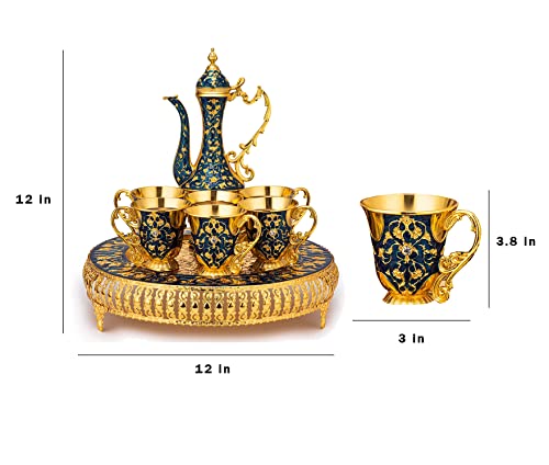 Vintage Extra Large Turkish Coffee & Tea Pot Set for 6 by Gute with Large Crystal Tray & Teapot Gold with Shiny Crystal (Blue) 480ml - 6 Vintage Moroccan Tea Glasses 230ml Teacups Gold - Thumbnail 5