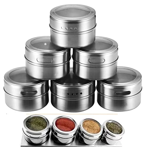 Kit 6 peça Porta Temperos Iguarias Aço Inox Com Imã Magnético Tampa Transparente Para Visualizar o T