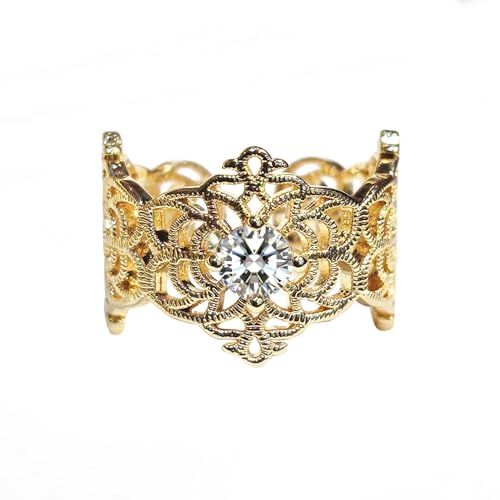 Antique Gold-Tone Lace Flowers Cocktail Rings for Women Cubic Zirconia