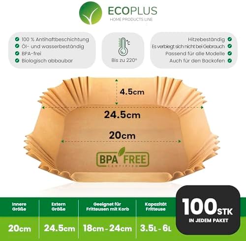 ECOPLUS Quadratisches Backpapier BPA-frei, 20 cm x 20 cm - Gesundes Kochen für Luftfritteuse - Kompatibel mit allen Mode