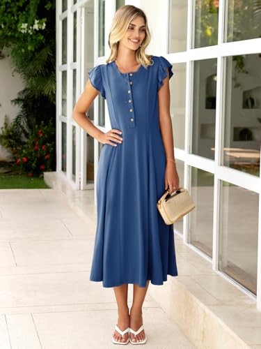 Image of Simplee Womens Summer Casual Dress - Flutter Short Sleeve Beach Boho A Line Flowy Button Crewneck Long Dress(Dark Blue,Large)