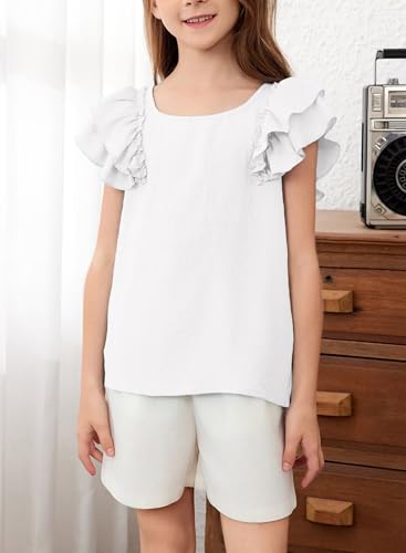 Image of DOKOTOO KIDS Girls Shirts Summer Cute Double Ruffle Short Sleeve Tie Back Bow Tee Tops 6-15 Years