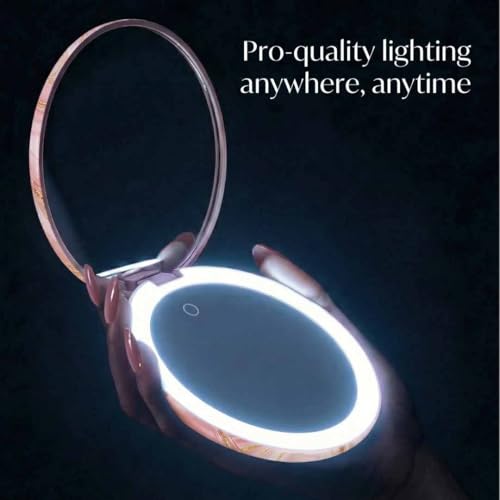 Image of Fancii Taylor LED Lighted Travel Makeup Mirror, Rechargeable, 10x /1x Magnifying, Tru-Glow Lighting System, XL Large 5 inch Wide | Compact Mirror for Purses (Marble Rose)