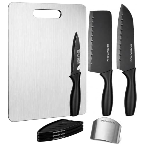 Image of Kitchen Knife Set 3 Pcs with Stainless Steel Cutting Board, Kitchen Scissors & Steel Finger Guard (6-Pcs Set) | Black Coated Blades with Covers | Vegetables, Fruits & Daily Kitchen Cutting uses