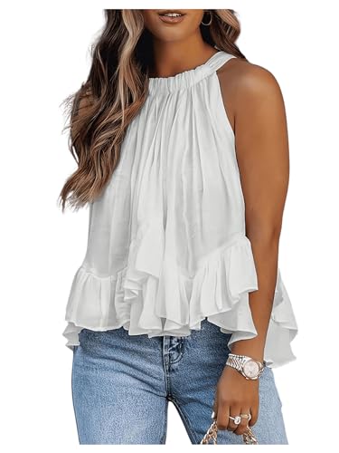 SweatyRocks Women's Halter Ruffle Flowy Top Sleeveless Ruched Sheer Tie Back Tanks Blouse