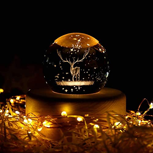 3D Elk Crystal Ball with Wood Stand, Christmas Deer Ornaments Figures Snowflake Snow Globe Decor Glass Ball, Gift for Friend, Dad, Kids, and More (3.15 inch, 80mm)