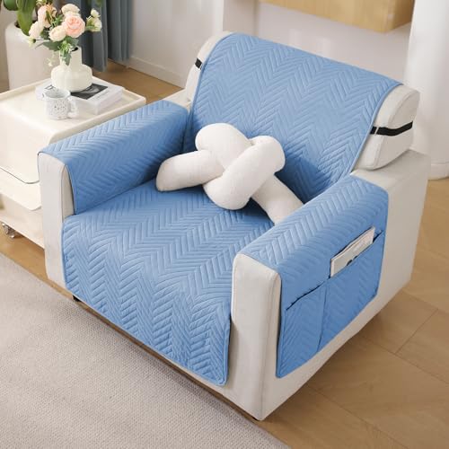 Image of HOKIPO Polyester 1 Seater Quilted Sofa Cover with Pockets, Blue (In-801-Bl)