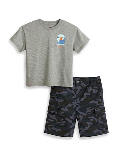 Image of Amazon Brand - Symbol Boy's Graphic Print Oversized Fit T-Shirt and Cargo Shorts (KD-TSB-SS25-10 (6-14 yrs) Grey Melange + Navy Camo 10-12 Y)