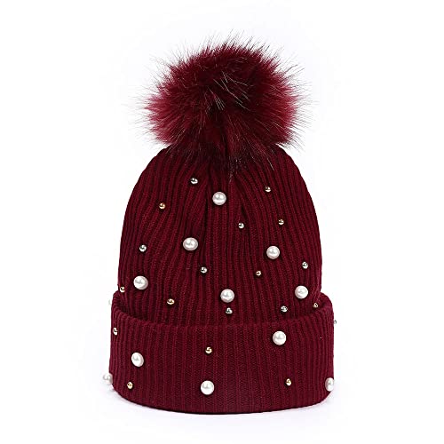 Db11 Womens Winter Beanies Solid Color Knitted Hat With Pom Winter Hat For Women (07-Dark Red), One Size #TOP20