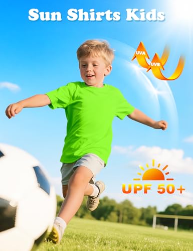 Image of Boys Rash Guard Swim Shirt UPF 50+ Short Sleeve Athletic Shirts Quick Dry Fit Sun Shirt Neon Tees for Kids Girls Youth 2-16Y