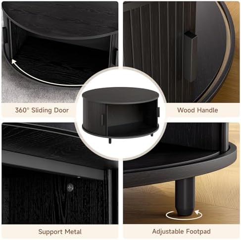 ONBRILL Round Coffee Table with Storage, 31.5" Modern Coffee Table with 360° Curved Sliding Door, Fluted Wood Accent Coffee Table with Adjustable Footpads, Round Center Table for Living Room, Black