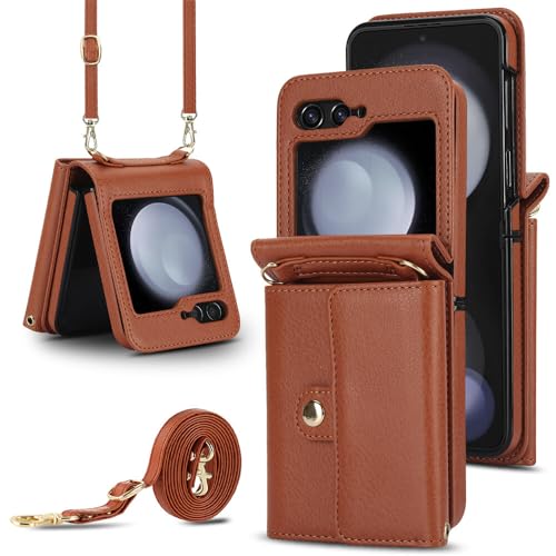 Housse en cuir marron pour Samsung Z Flip 4 avec sangle amovible et porte-cartes