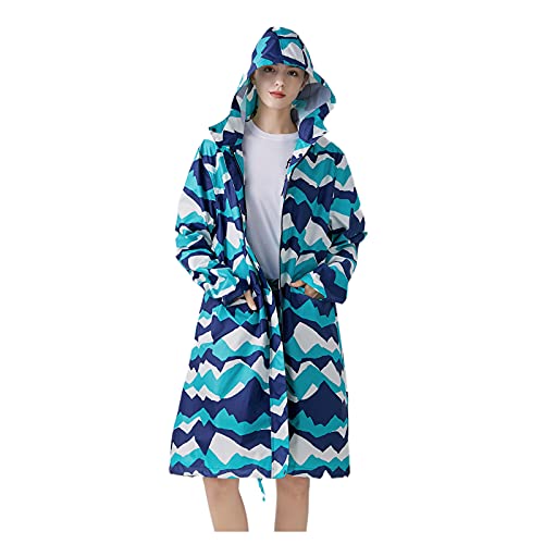 Freesmily Damen Stilvoller langer Regenmantel mit wasserdichter Regenjacke mit Kapuze (Bergblau, L)