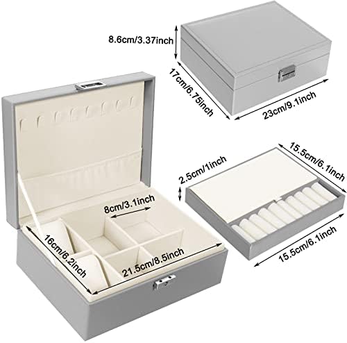 Jewellery Box for Women, Simboom Jewellery Box Organiser Travel Double-Layer PU Leather Jewelry Storage Case for Rings Earrings Necklace Bracelets Watch Gift Box, Ashy White
