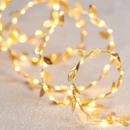 Ideen mit Herz Chaîne lumineuse à fil LED | feuilles dorées | 100 LED | longueur 1,80 m | décoration automne et hiver | minuterie incluse
