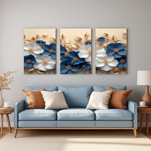 Impression sur Toile Tableau Fleurs Blanches Feuilles Dorées - Déco Murale Moderne Bleu 50x70cm - 3