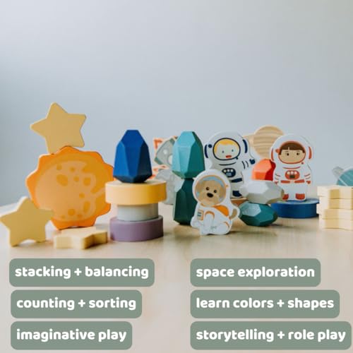 Image of Toddler 30 Piece Stacking Wood Blocks Space Gift - Montessori 2 Year Old Fine Motor Skills Toy Learning Stacking Shape Sorter Sensory Preschool Busy Journey to the Moon (Book and Block Set, Wood)