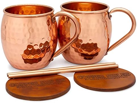 Copper Mules Moscow Mule Copper Mugs Set of 2 Hand Hammered - Classic Riveted Handles – Holds 16oz