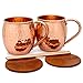 Set of 2 Moscow Mule Copper Mugs by Copper Mules – Handcrafted From 100% Pure Copper and Hand Hammered - Riveted Handles for Strength – Holds 16 ounces - BONUS Copper Straws, Wood Coasters, eBook