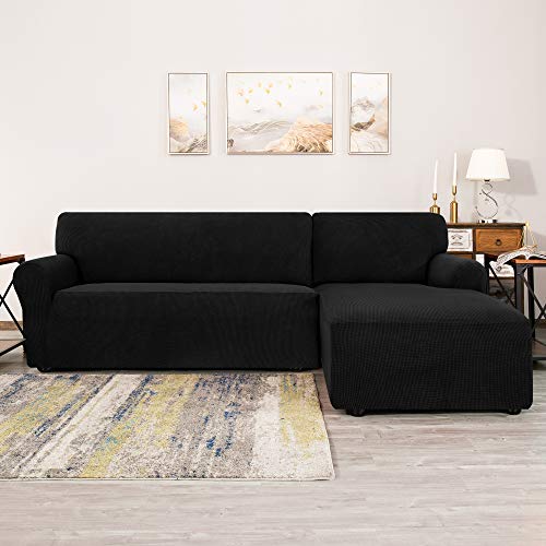 Chun Yi Stretch Sectional Couch Covers Soft L Shaped Sofa Slipcovers With Elastic Bottom , Jacquard Chaise Lounge Set For Living Room 2 Seat Sofa (Right Chaise,Black) #TOP1