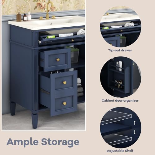 Image of 30-Inch Bathroom Vanity with Ceramic Sink and 3 Drawers & Soft Closing Door,Freestanding Modern Bathroom Storage Cabinet Solid Wood Frame,Metal Handles,Modern Storage Cabinet for Small Space Bathroom