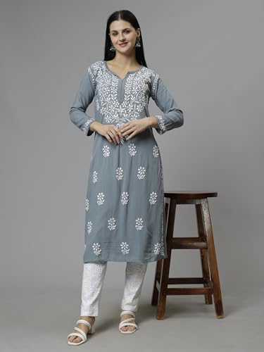 Image of Seva Chikan Hand Embroidered Lucknowi Chikankari Rayon Straight Kurta for Women SCL4532