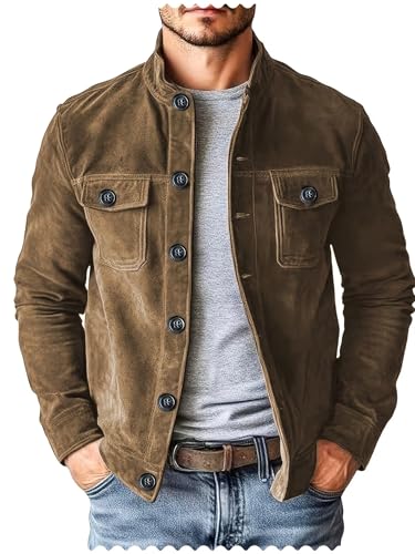 Mens Vintage Trucker Suede Jacket Lightweight Faux Leather Casual Western Blazer Sport CoatKhakiL