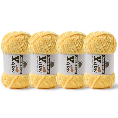 Image of 4 Pack Plush Chenille Chunky Yarn - Fluffy Velvet Yarn Crochet for Blanket Knitting and Crocheting - Soft Baby Yarns for Crocheting - Amigurumi Crochet Yarns 100g (87yds) (4 Light Yellow)