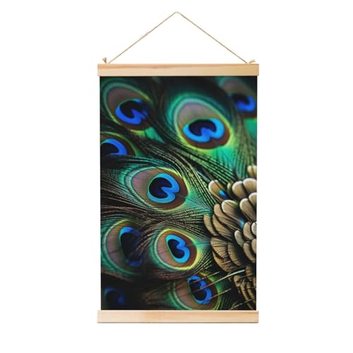 Poster mural plumes de paon cadre bois déco chambre moderne