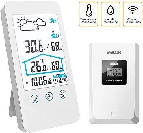 FLYLAND Weather Station, Wireless Weather Station Digital Indoor Outdoor Digital Thermometer Barometer Humidity Radio Controlled Weather Station Clock with Outdoor Sensor (white)