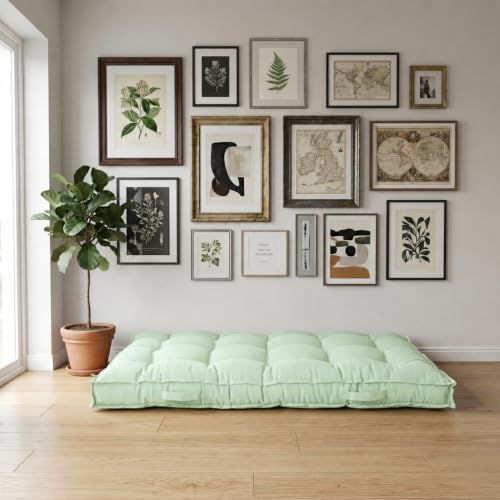 Image of SKANDA FAB Low Seating Cushion -100% Cotton Twill, Hand-Plotted Microfiber Filling, Floor Cushion with 2 Back Support Cushions - Ideal for Living Room, Balcony, Lounge- 80x120 Sage Green (Pack of 1)