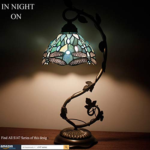 WERFACTORY Tiffany Lamp Sea Blue Stained Glass Dragonfly Style Desk Reading Light, Metal Leaf Table Lamp Base 8X10X21 Inches Decor Small Space Bedside Bedroom Home Office S147 Series