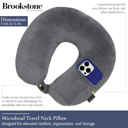 Image of Brookstone Microbead Travel Head and Neck Pillow Lightweight and Plush with Phone or Headphone Pocket, Dark Grey