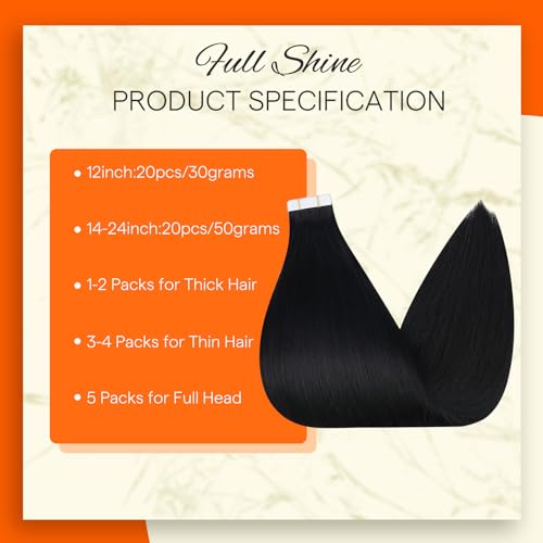Image of Full Shine Real Human Hair Tape in Extensions Color 1 Jet Black Remy Tape in Real Remy Skin Weft 24Inch Double Sided Invisible Seamless Hair Extension Silky Straight 20Pcs 50G for Wedding