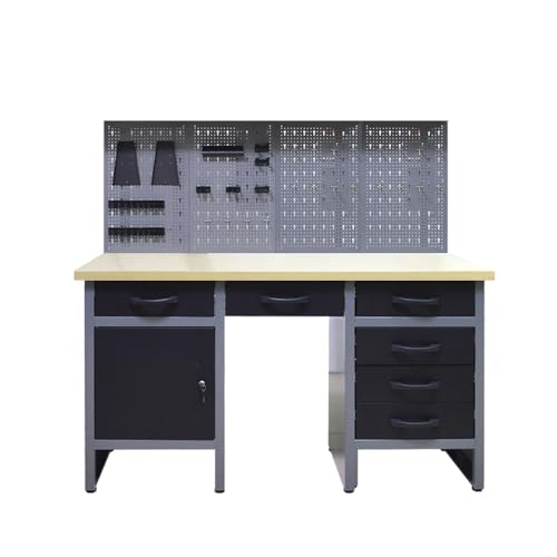 Metal Workbench Wooden Tabletop Tool Cabinets with 6 Drawers, 4 Pegboards and 22 Pieces Hooks Included