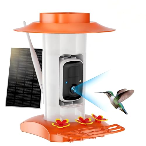 Hummingbird Feeder with Camera for Outdoors, 2K Solar Powered Smart Bird Feeder with Ant Moat & Bee Guard, Auto Capture, AI Recognition, Gift for Family & Friends(21 oz) (Orange)
