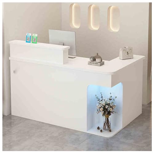 L字型の受付デスク、カウンター、鍵付き引き出し、収納、LEDライト付き、フロントデスク受付室テーブル(A3,55.1x21.6x39.3in)