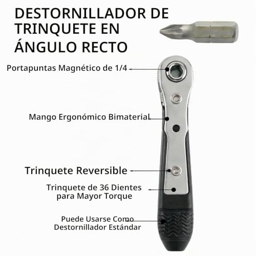 Miniatura 3 de Juego De Mini Trinquete, Llave De Trinquete Pequeña De 36 Dientes, Trinquete Destornillador De Ángulo Recto Para Espacios Reducidos, Con Phillips, Ranurado, Hexagonal, Cuadrado Y Adaptador Para