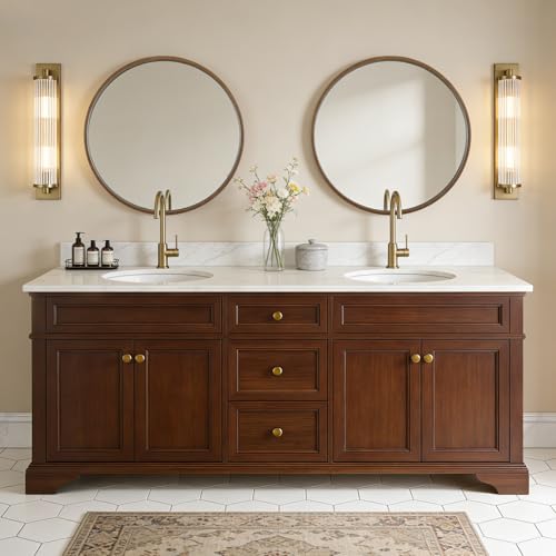 Image of WallBeyond Circle Mirror with Wood Frame, 28 inch Round Modern Decoration Large Home Decor Mirror for Bathroom Living Room Bedroom Entryway (28 inch Diameter, Walnut)